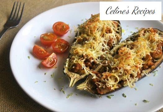 Auberginen gefüllt mit Pilzen und Fleisch