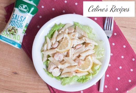 Nudelsalat mit Garnelen und Jakobsmuscheln