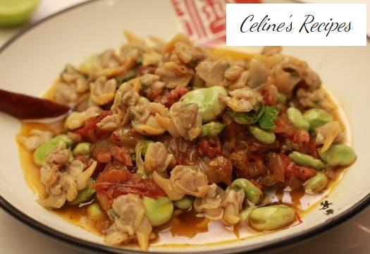 Junge Saubohnen mit Schinken und Herzmuscheln