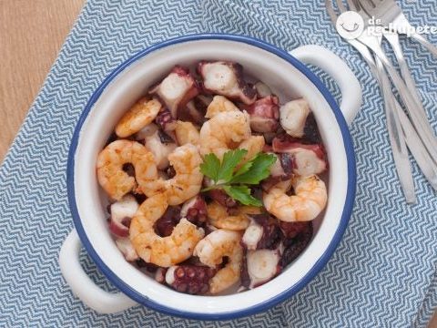 Krake mit Knoblauchgarnelen