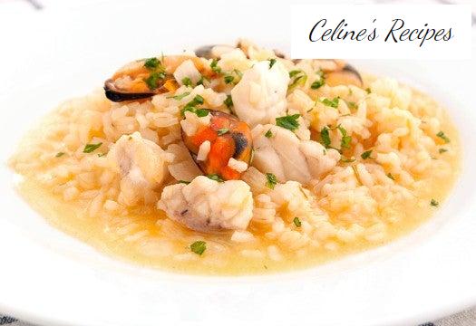 Suppenreis mit Muscheln und Seeteufel