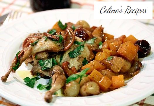 Geschmorte Wachtel mit Kürbis, Pfifferlingen und Apfel