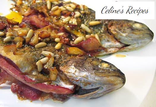 Gebratene Forelle gefüllt mit Schinken und Speck in Kokotte